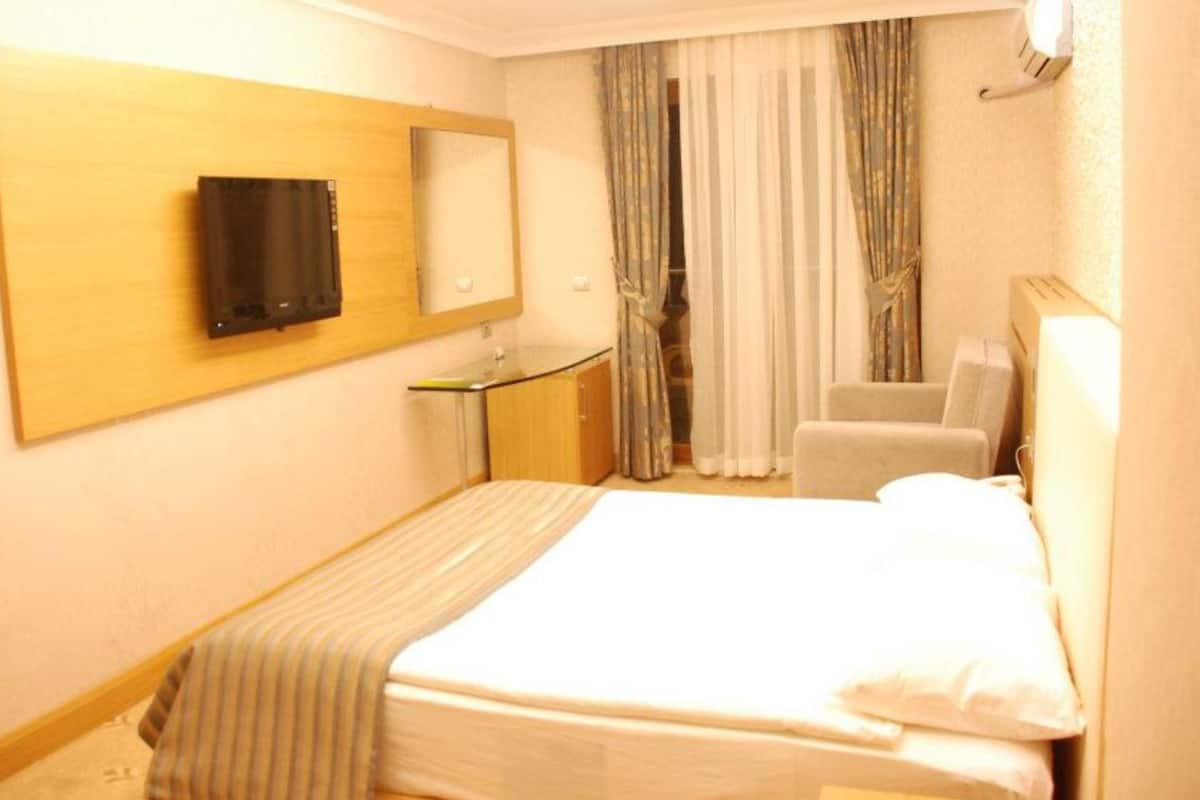 A hotel room with a bed, a desk, a chair, a TV, and curtains.