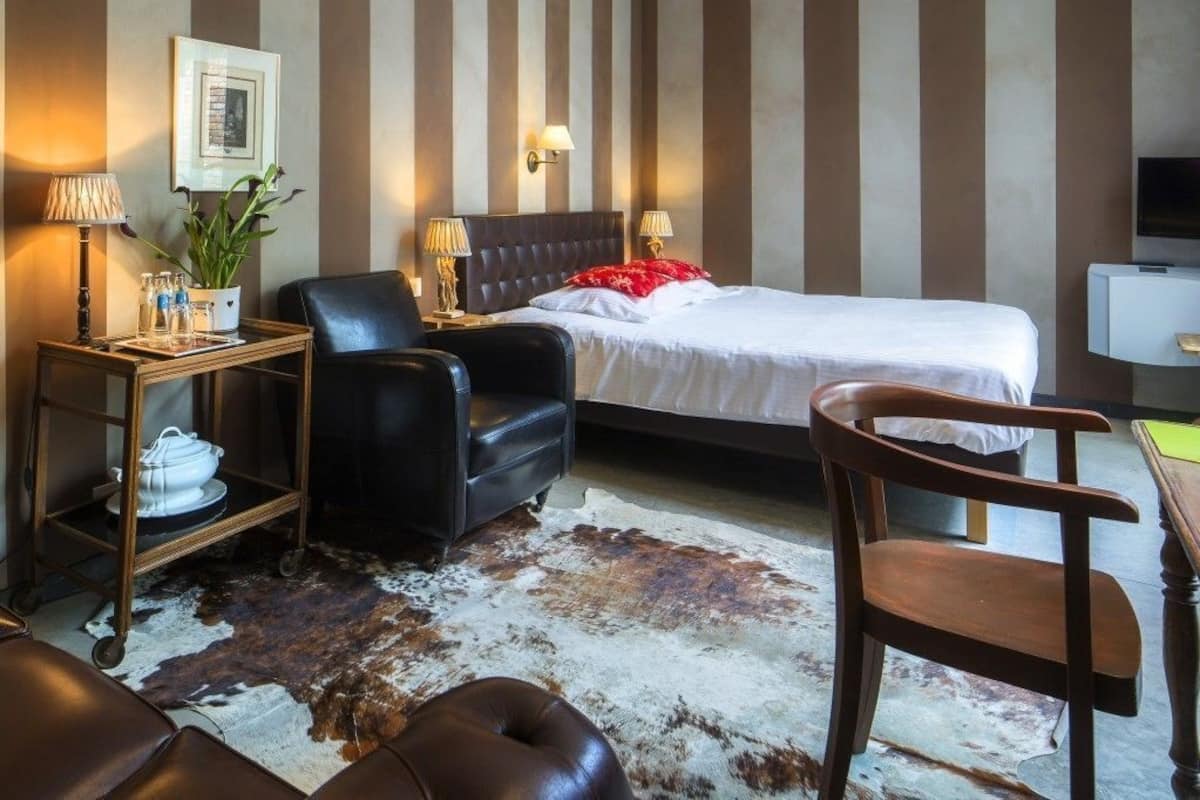 A hotel room with a bed, a desk, a chair, a small table with a lamp, a potted plant, and a cowhide rug.