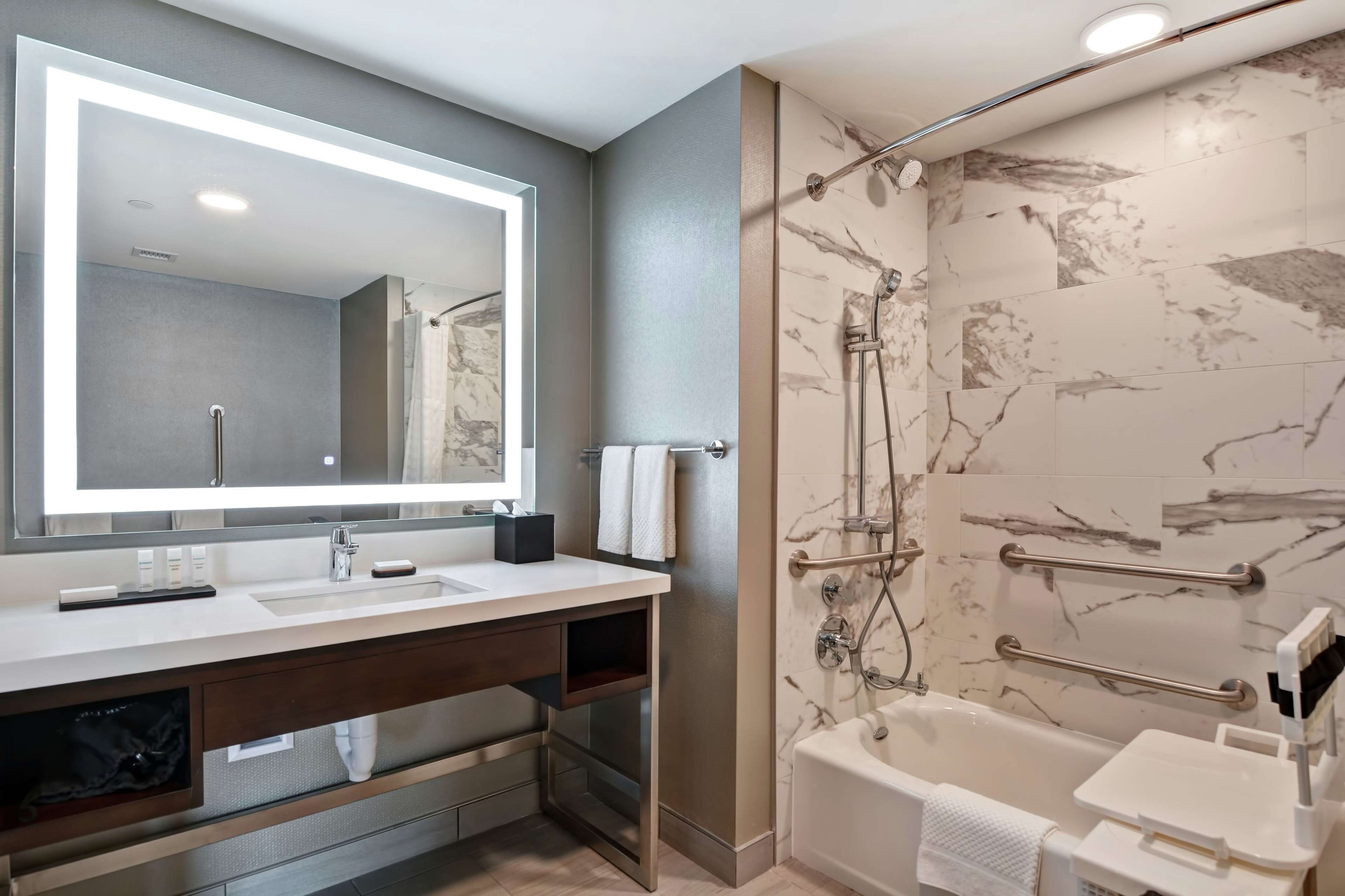 hair dryer, towels, soap, shampoo