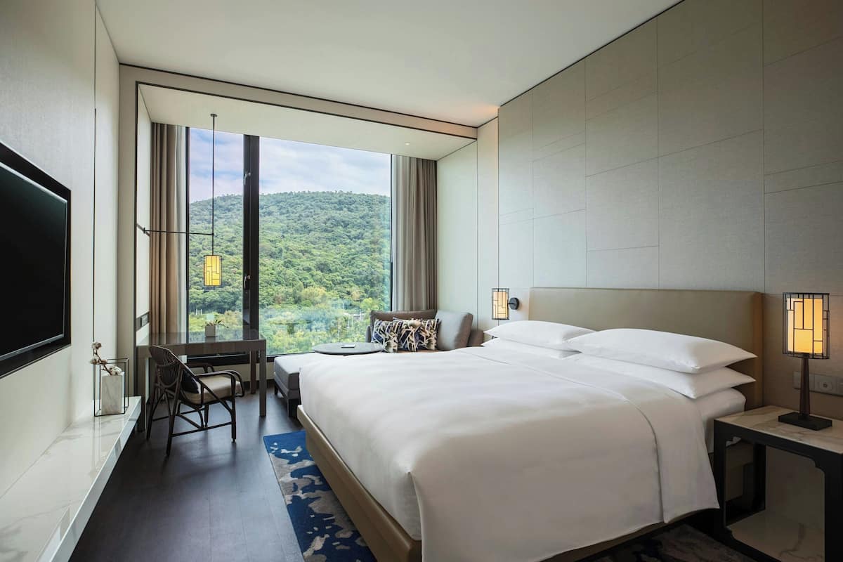 Habitación de hotel con una cama grande, un escritorio con silla, televisión y vistas a una colina boscosa.