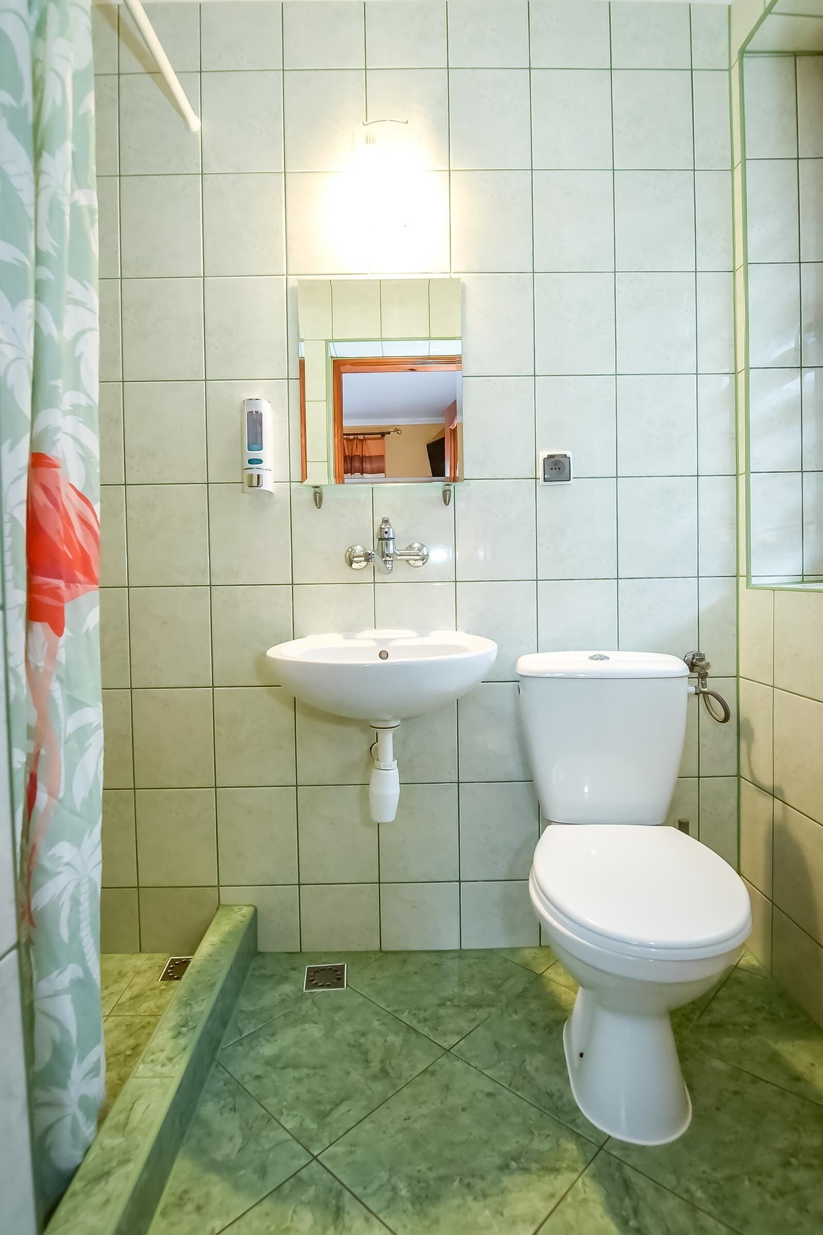 Un bany amb un lavabo blanc, un vàter i un mirall sobre el lavabo.