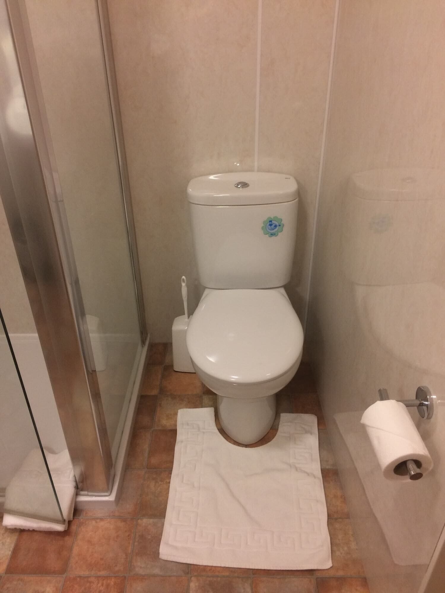 A bathroom with a toilet, a shower, and a towel on the floor.