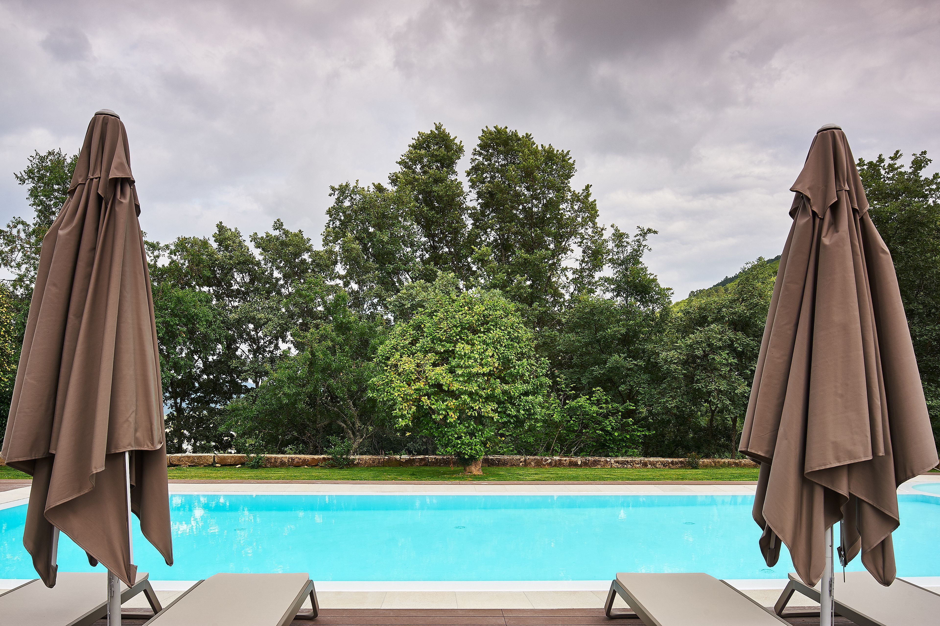 Una piscina con dos sombrillas y sillas de descanso, rodeada de árboles frondosos y un cielo despejado.