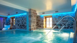 Una piscina interior con paredes de piedra, un chorro de agua y una puerta de cristal que da a otra habitación.