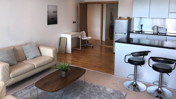 A modern apartment with a living area, a dining area, and a kitchenette.