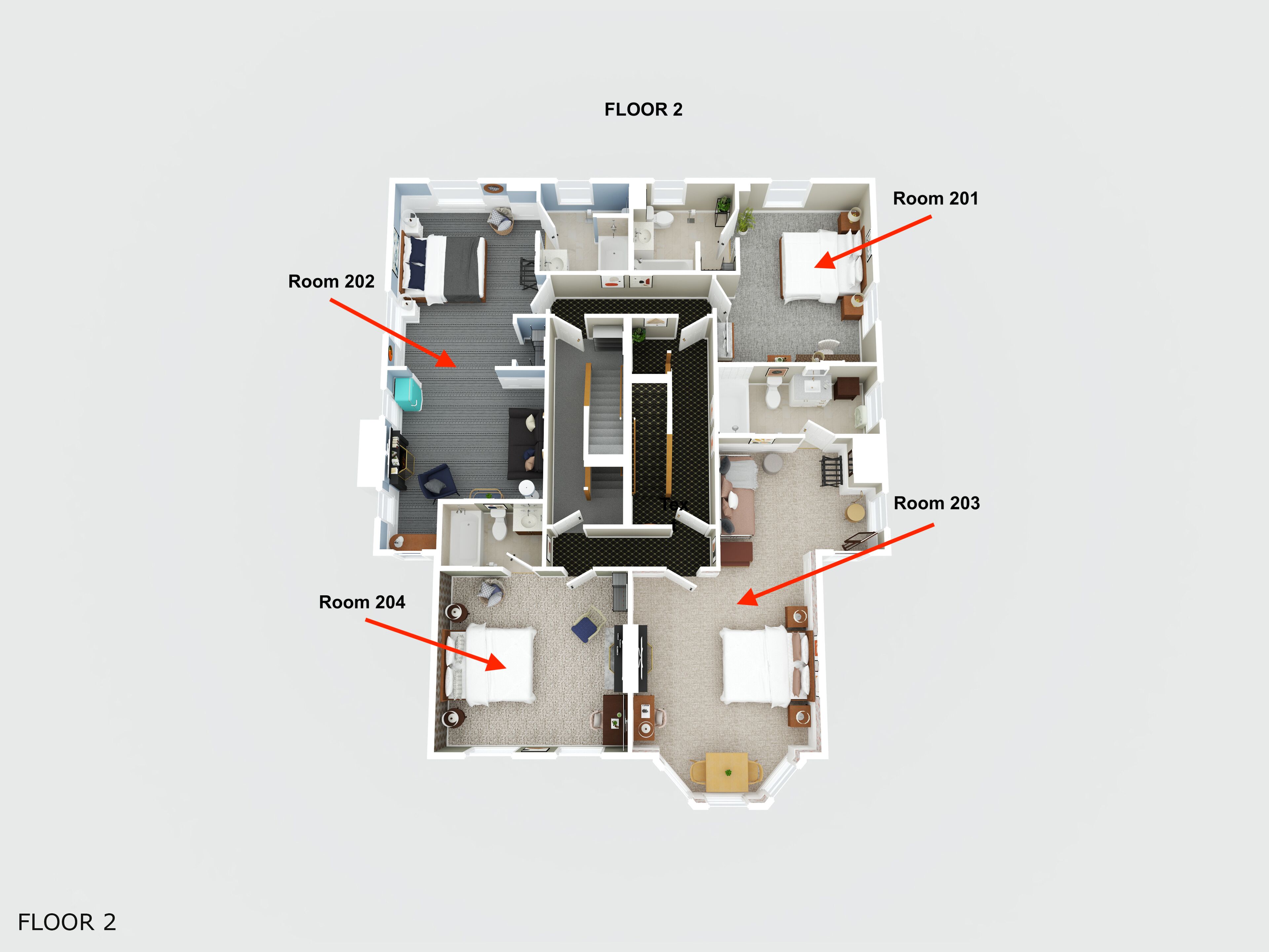 A 2D floor plan of a hotel with four rooms labeled 201, 202, 203, and 204, each with a bathroom and a bed.