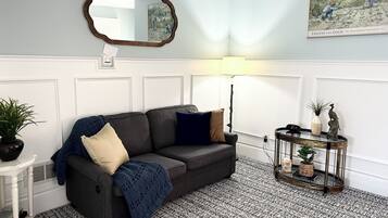 A living room with a dark grey sofa, a patterned rug, a side table with a plant, a lamp, and a framed artwork on the wall.