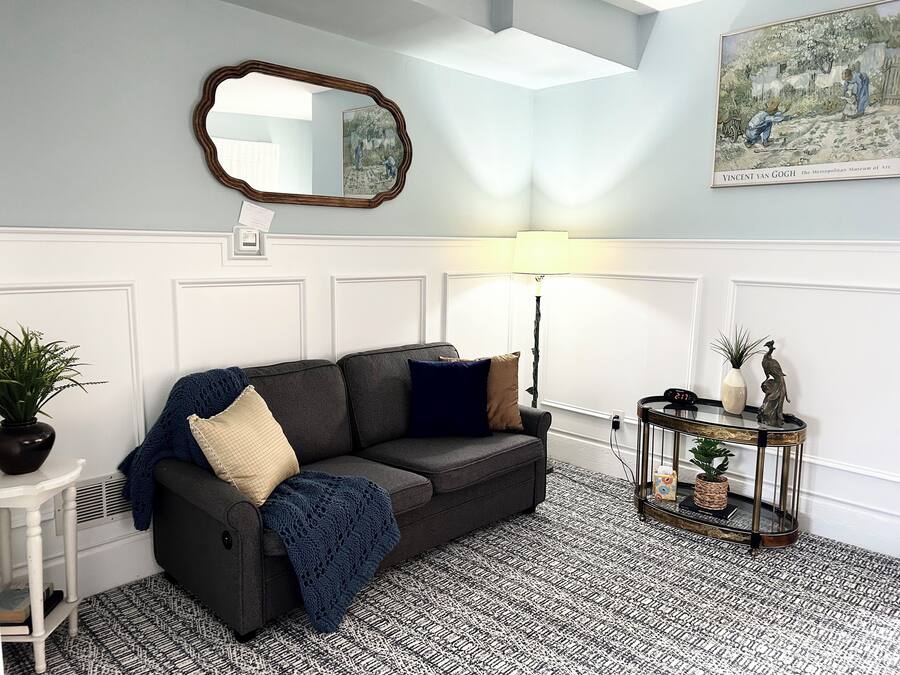 A living room with a dark grey sofa, a patterned rug, a side table with a plant, a lamp, and a framed artwork on the wall.