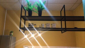 A kitchen with a black metal shelf holding kitchenware and potted plants. - Hotel el Sole - Hostel (Santa Ana)