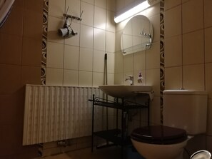 A bathroom with a toilet, sink, mirror, and radiator. - Hotel Villa Vanessa (Pyhtaa)