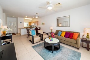 Deluxe Condo, Patio | Living area