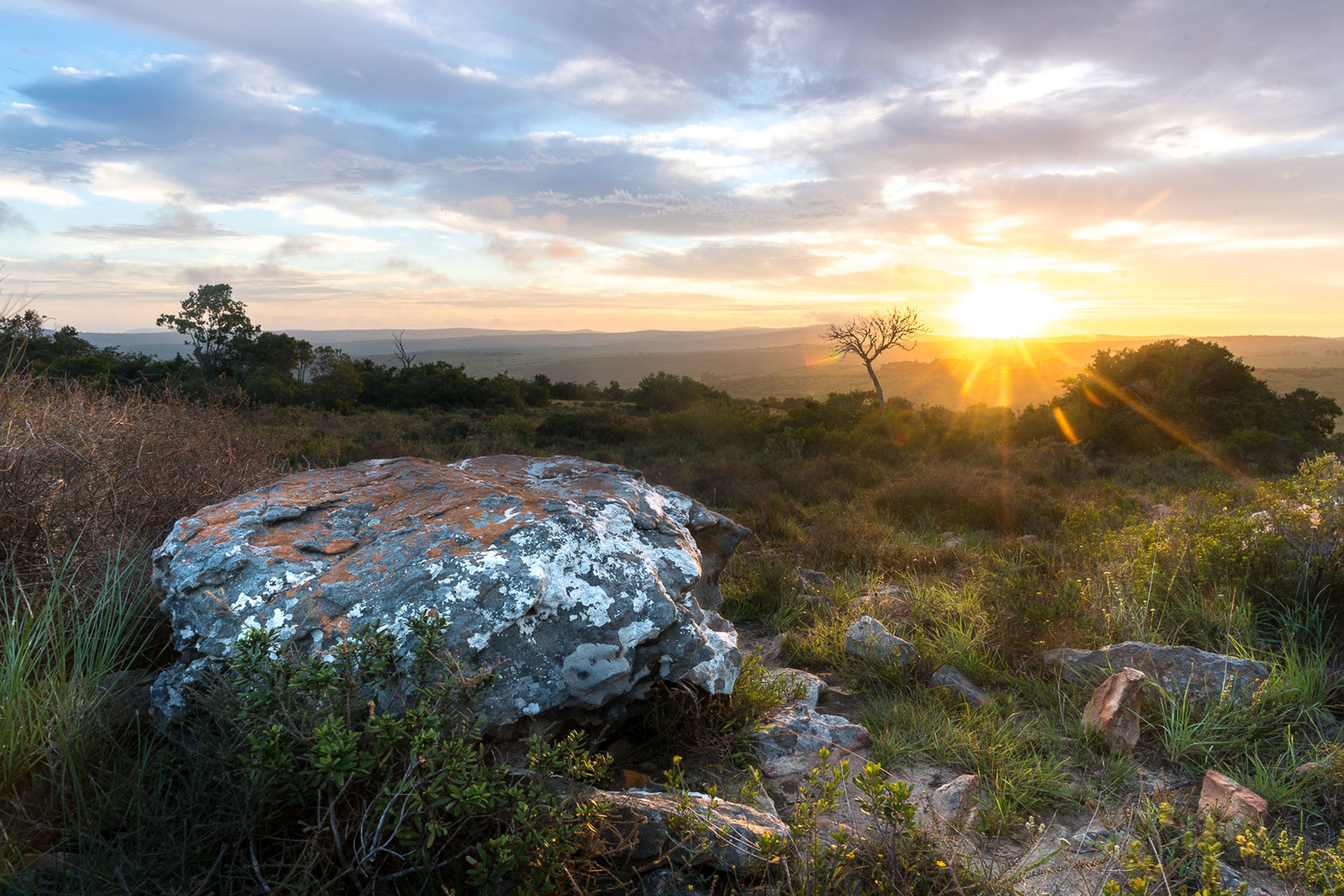 A rocky landscape with a sunset in the background.