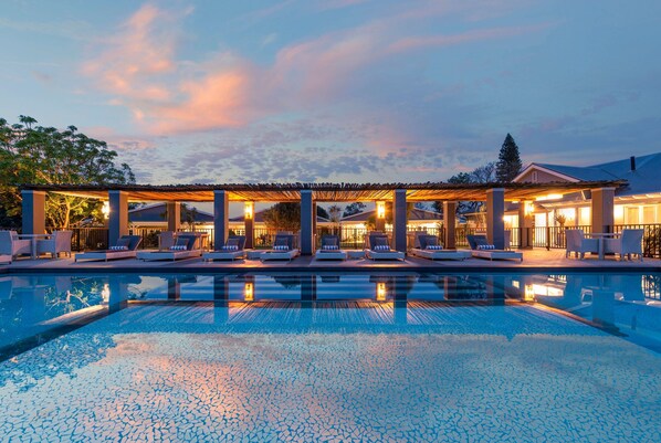 Outdoor pool, pool umbrellas, pool loungers