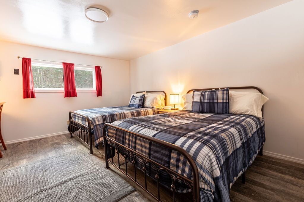 A bedroom with two beds, a window with red curtains, a rug, and a bedside table with a lamp.