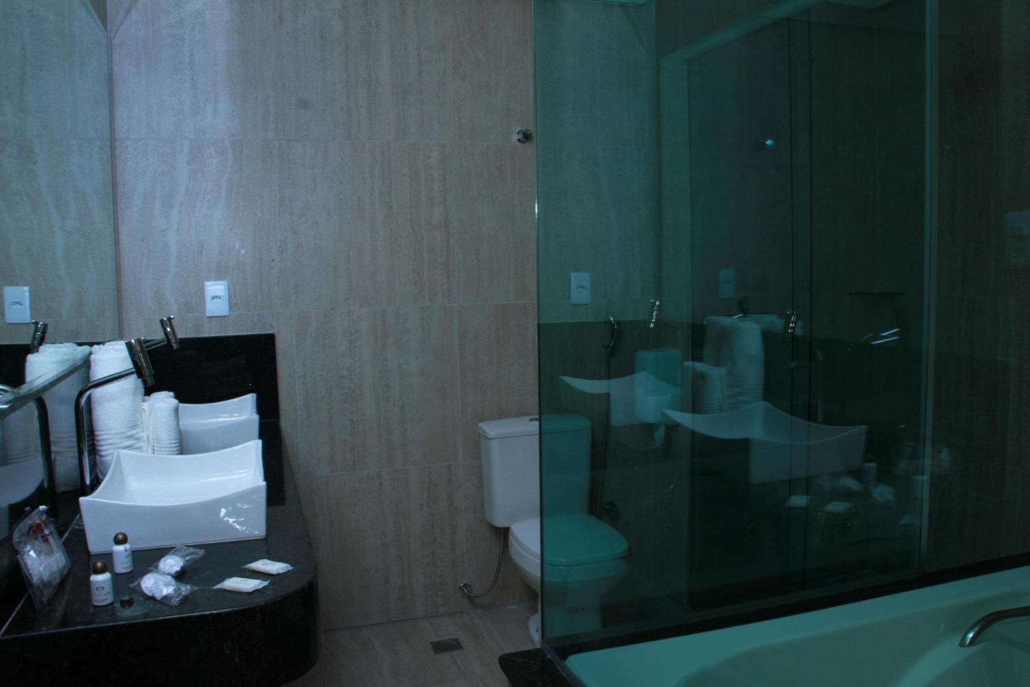 Un baño con ducha de vidrio, un lavamanos y un inodoro.