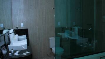 Un baño con ducha de vidrio, un lavamanos y un inodoro.
