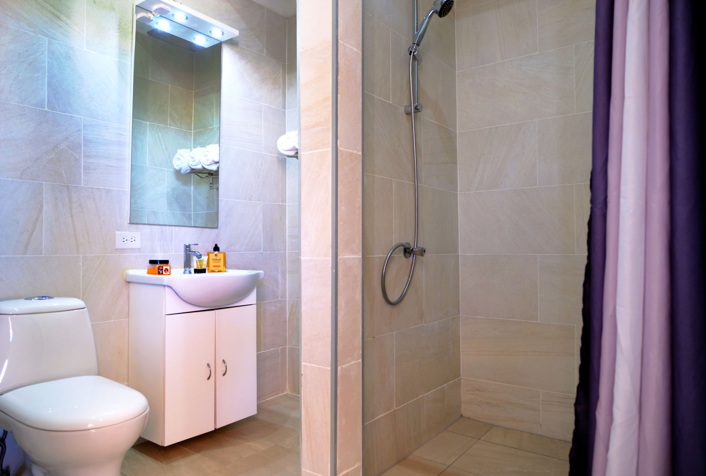Ein Badezimmer mit Toilette, Waschbecken und Dusche.
