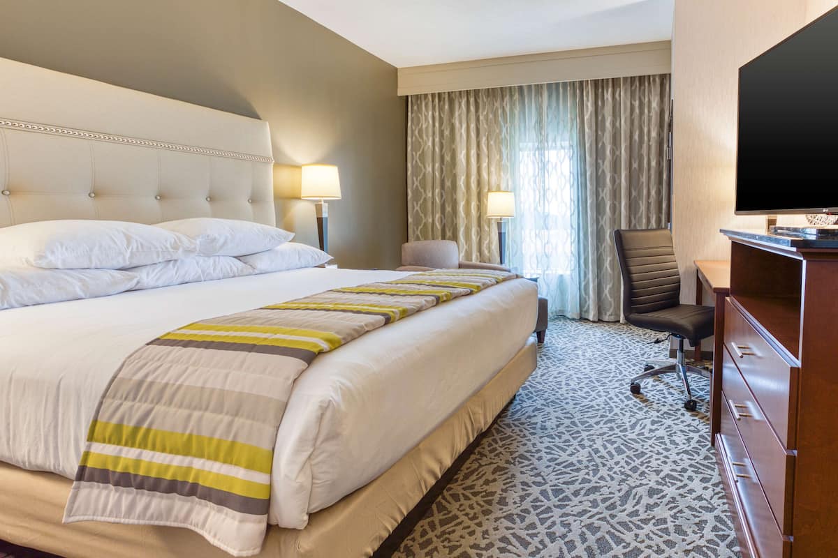 A hotel room with a large bed, two chairs, a desk, and a TV.