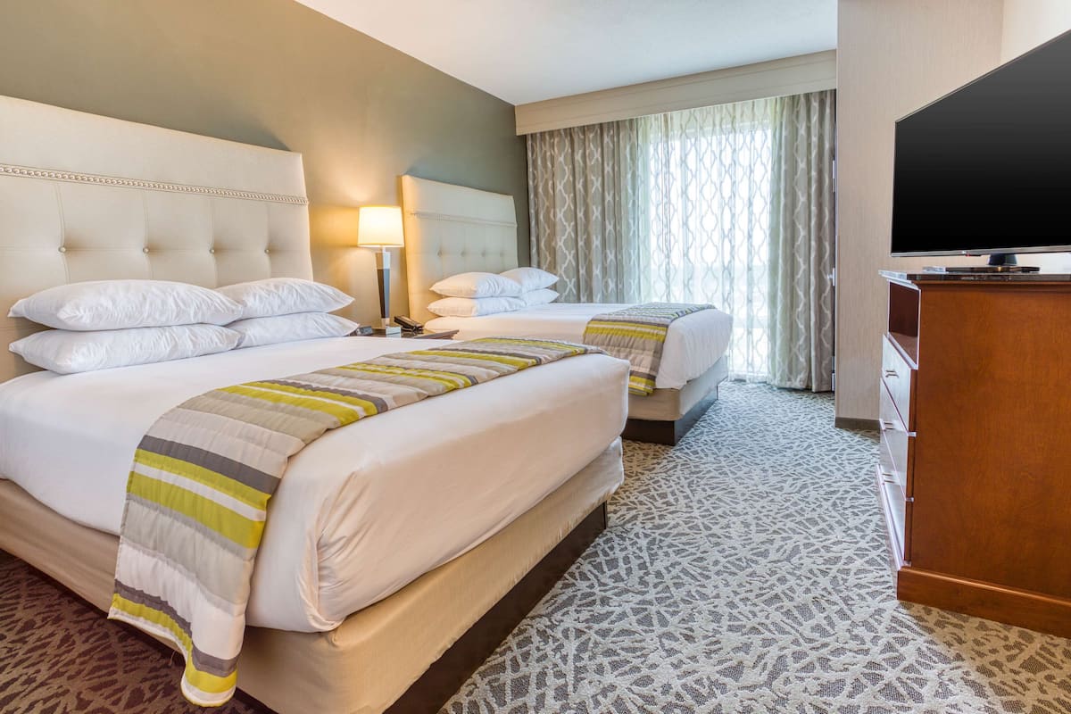 A hotel room with two beds, a TV, a lamp, and a patterned carpet.