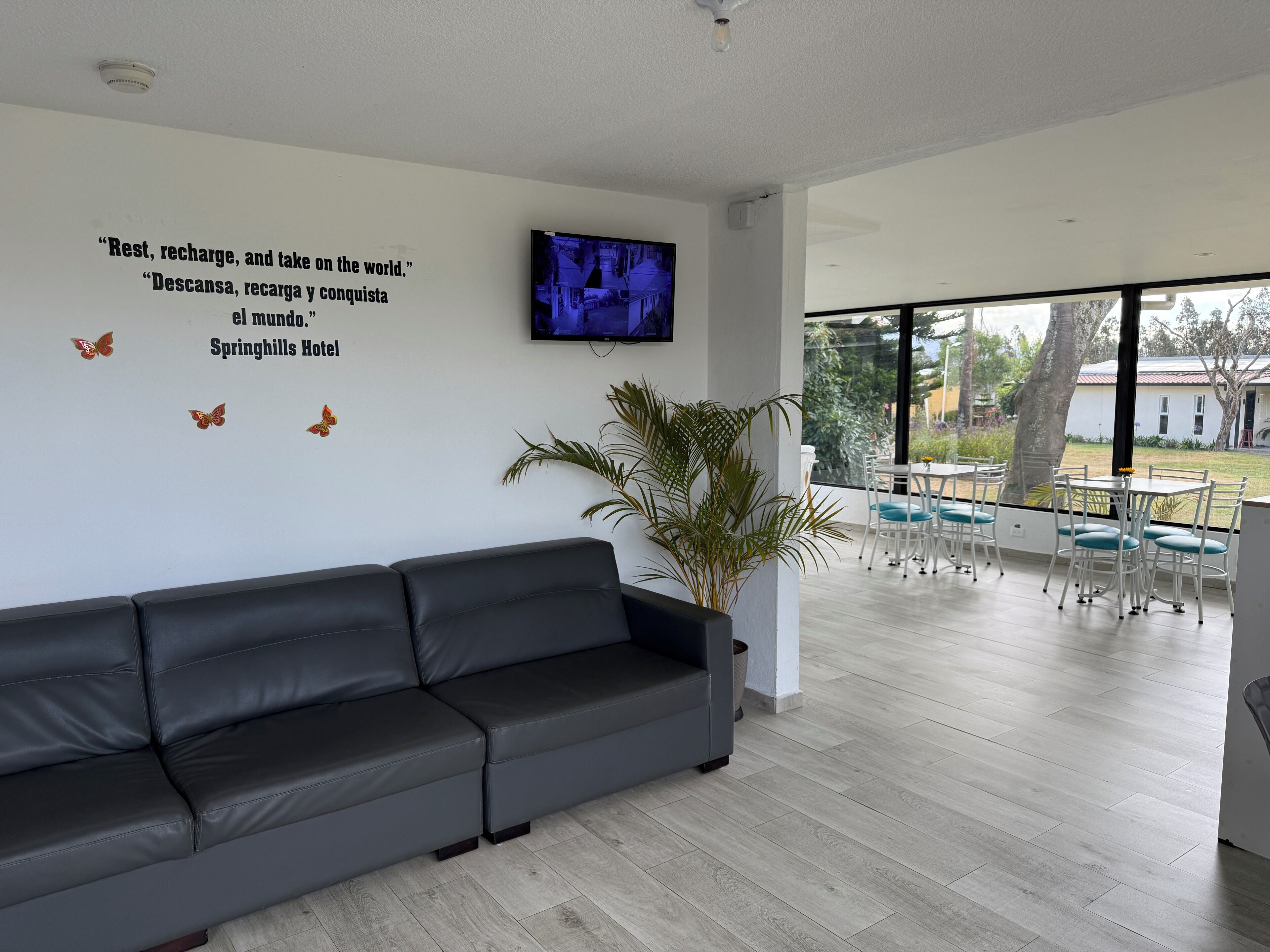 A hotel lobby with a black leather sofa, a wall-mounted TV, and a large window overlooking a garden.