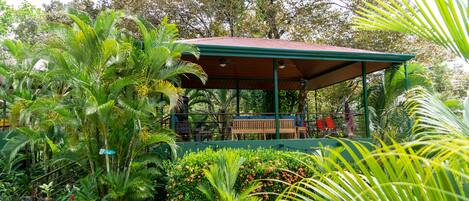 A covered outdoor seating area with benches and a wooden table, surrounded by lush tropical plants and trees.