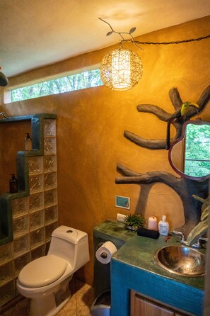 Shower, rainfall showerhead, hair dryer, towels