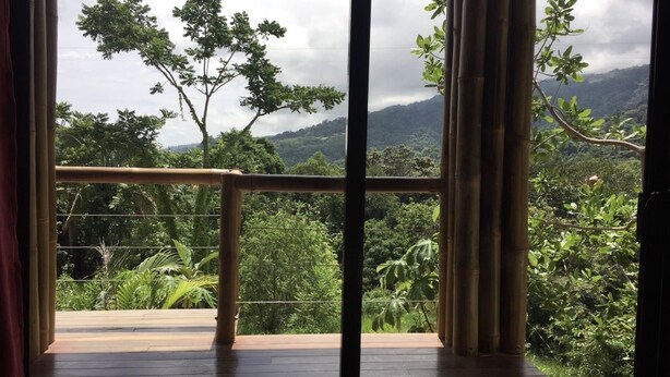 Une pièce dotée d’un plancher en bois, de colonnes en bambou et offrant une vue sur une végétation luxuriante et des montagnes.
