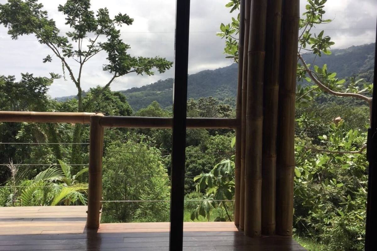 A room with a wooden floor, bamboo columns, and a view of lush greenery and mountains.