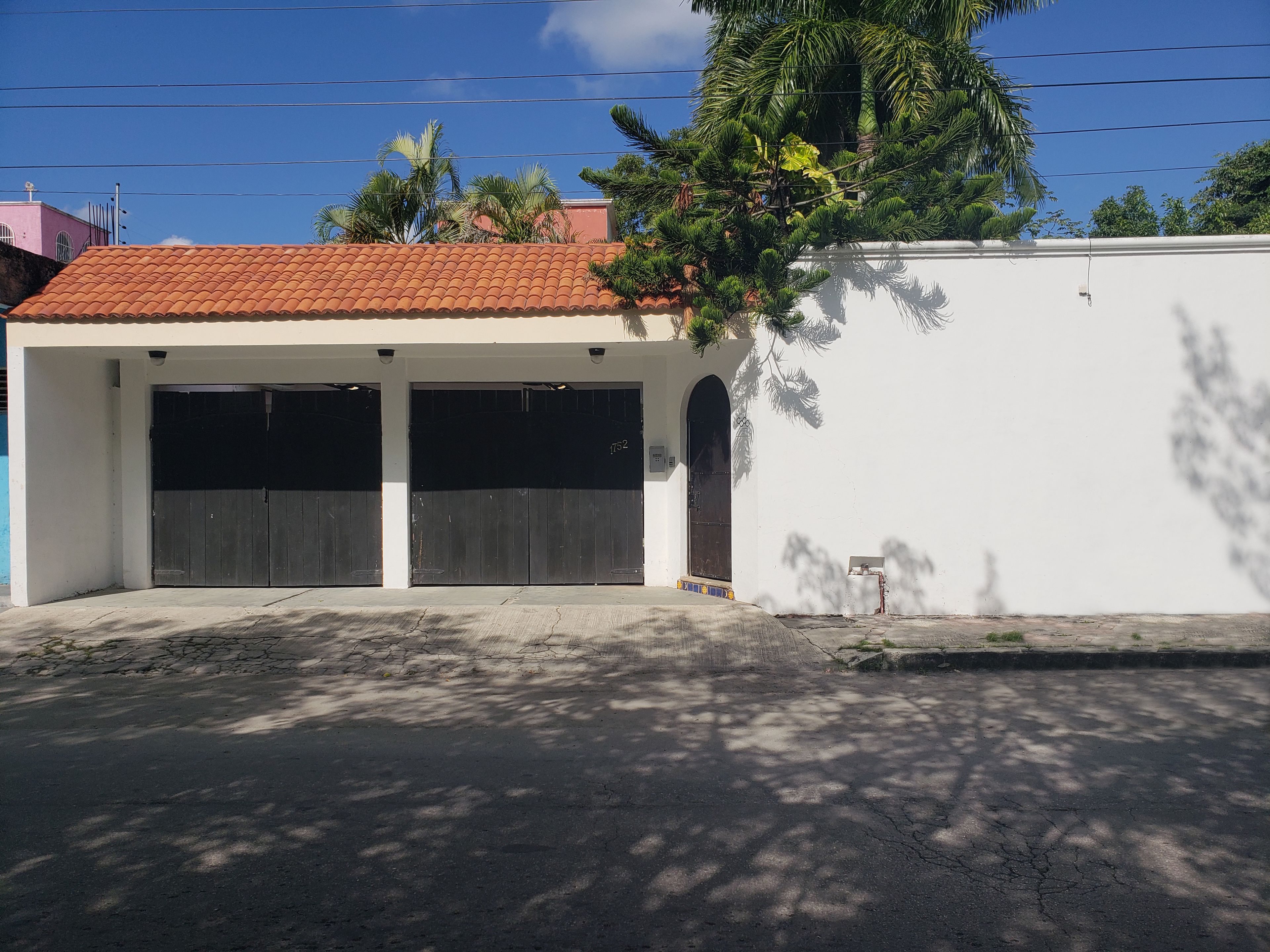A building with a red-tiled roof, two dark wooden garage doors, and a white wall with a small tree growing on it.