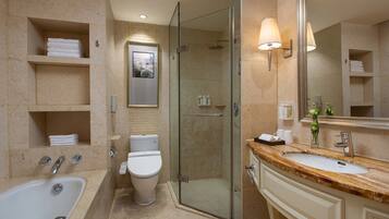 Designer toiletries, hair dryer, bathrobes, slippers