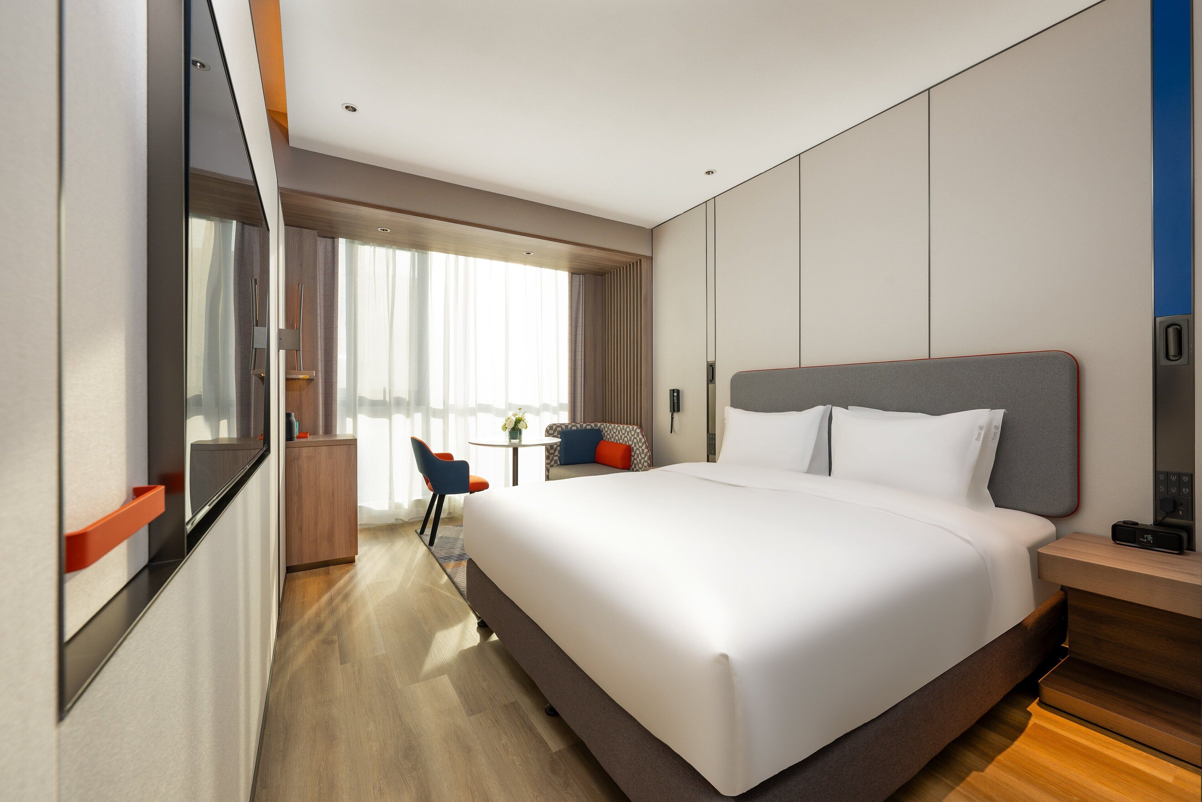 Premium bedding, down comforters, laptop workspace, blackout drapes