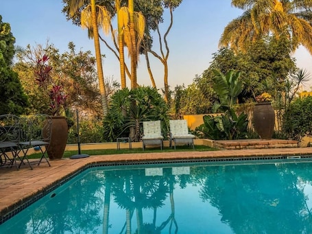 Una piscina al aire libre, sombrillas, sillones reclinables de piscina