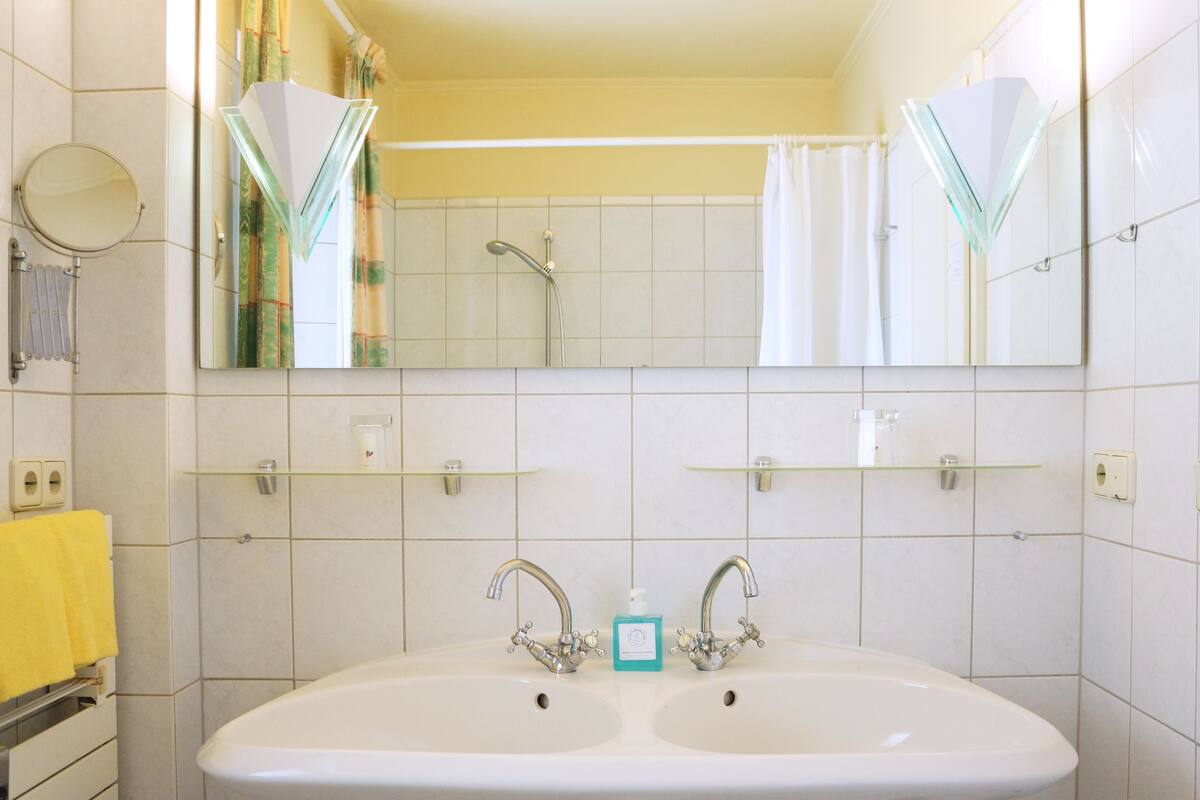 basic double room (balcony or terrace) | bathroom | hair dryer, bathrobes, towels