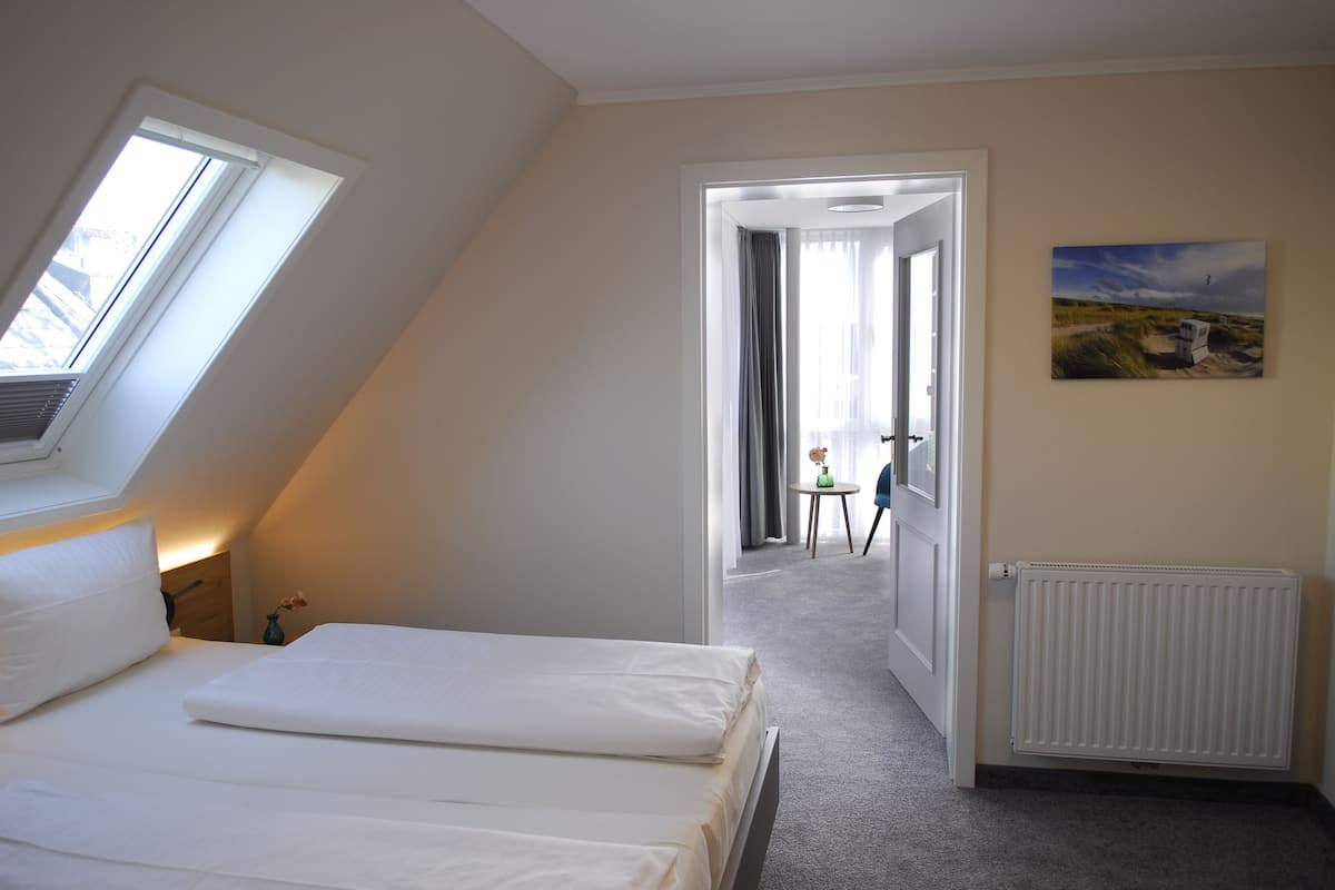 A bedroom with a bed, a skylight, a radiator, and a door leading to another room.