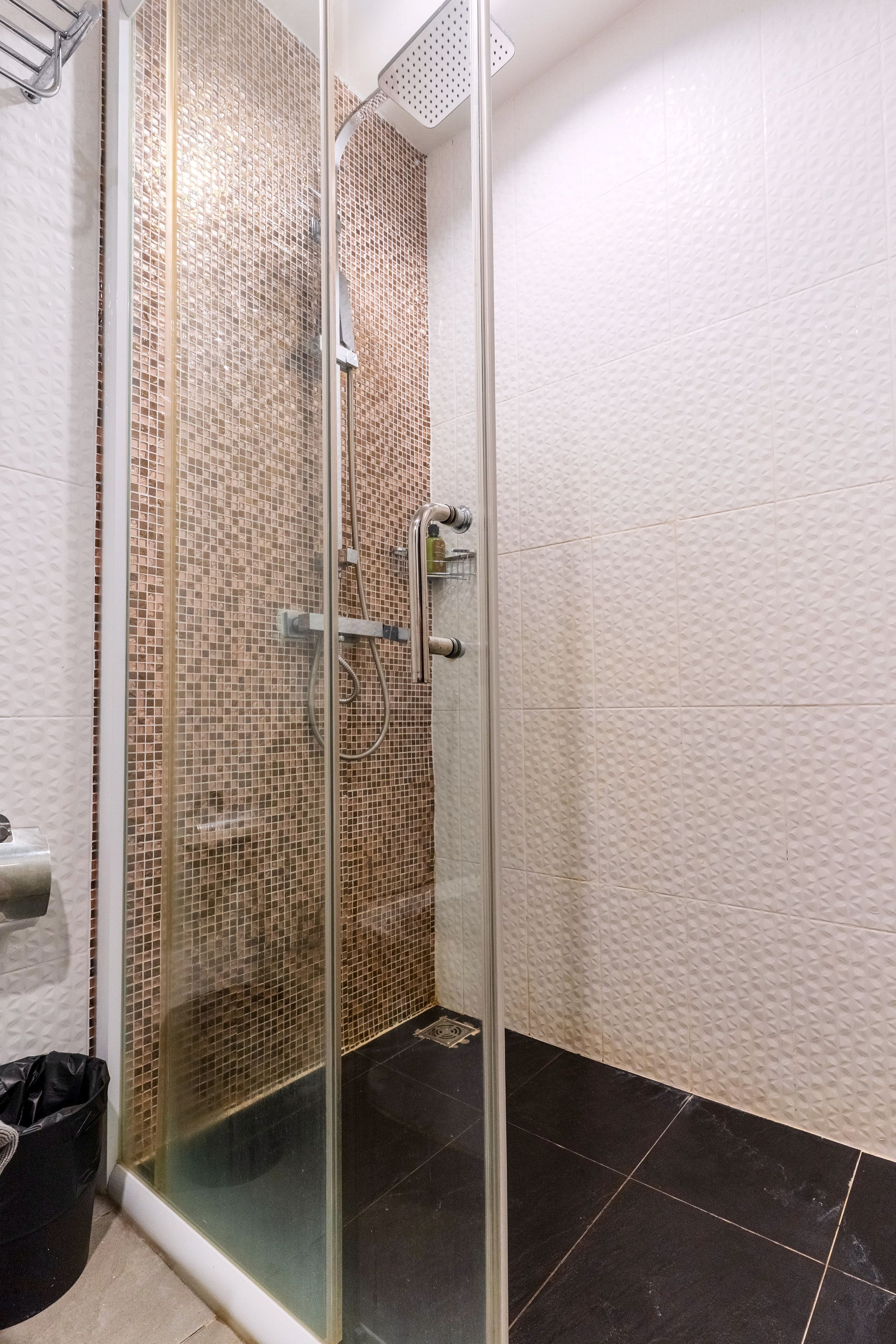 Ducha con mampara de vidrio, pared con azulejos, cabezal de ducha y ducha de mano.