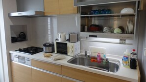 Eine kleine Küche mit Herd, Mikrowelle, Toaster und Spüle mit Spülmittel und einer Flasche Geschirrspülmittel.