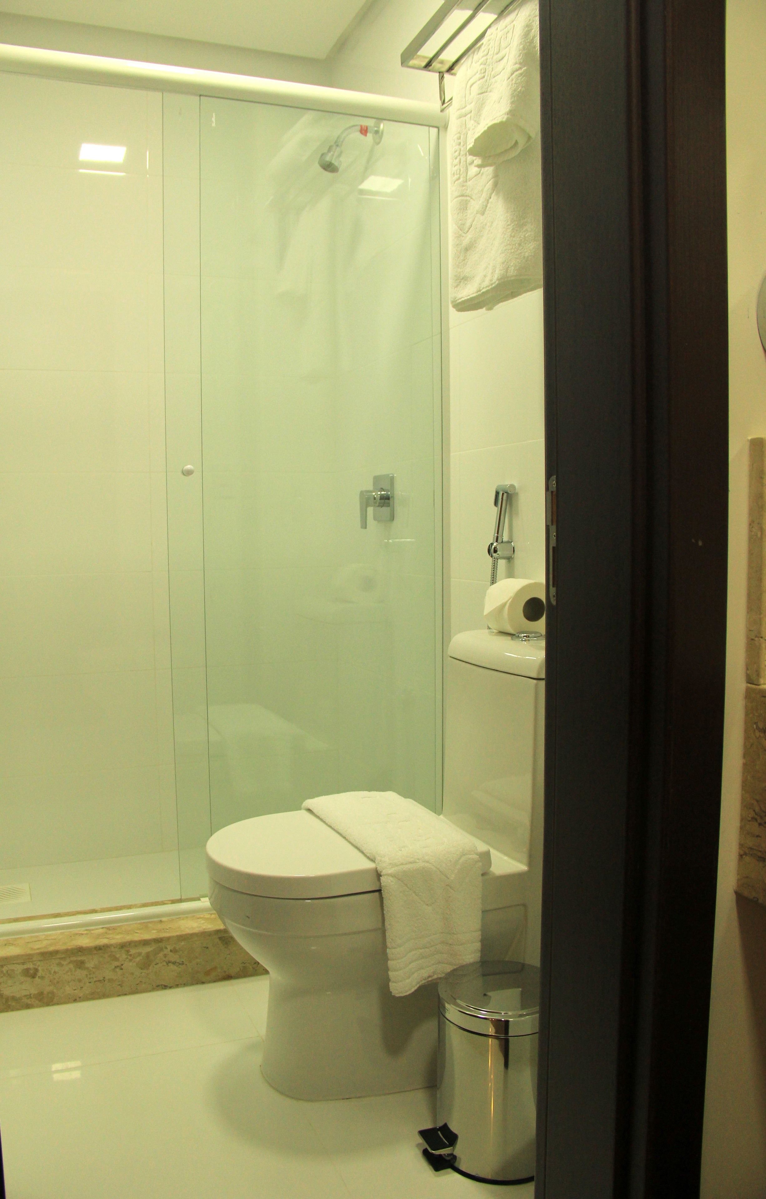 A bathroom with a glass-enclosed shower, a white toilet, and a trash can.