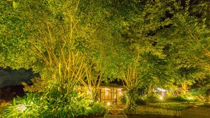A nighttime view of a garden with a pathway leading to a building. - Pou Villa (Luang Namtha)