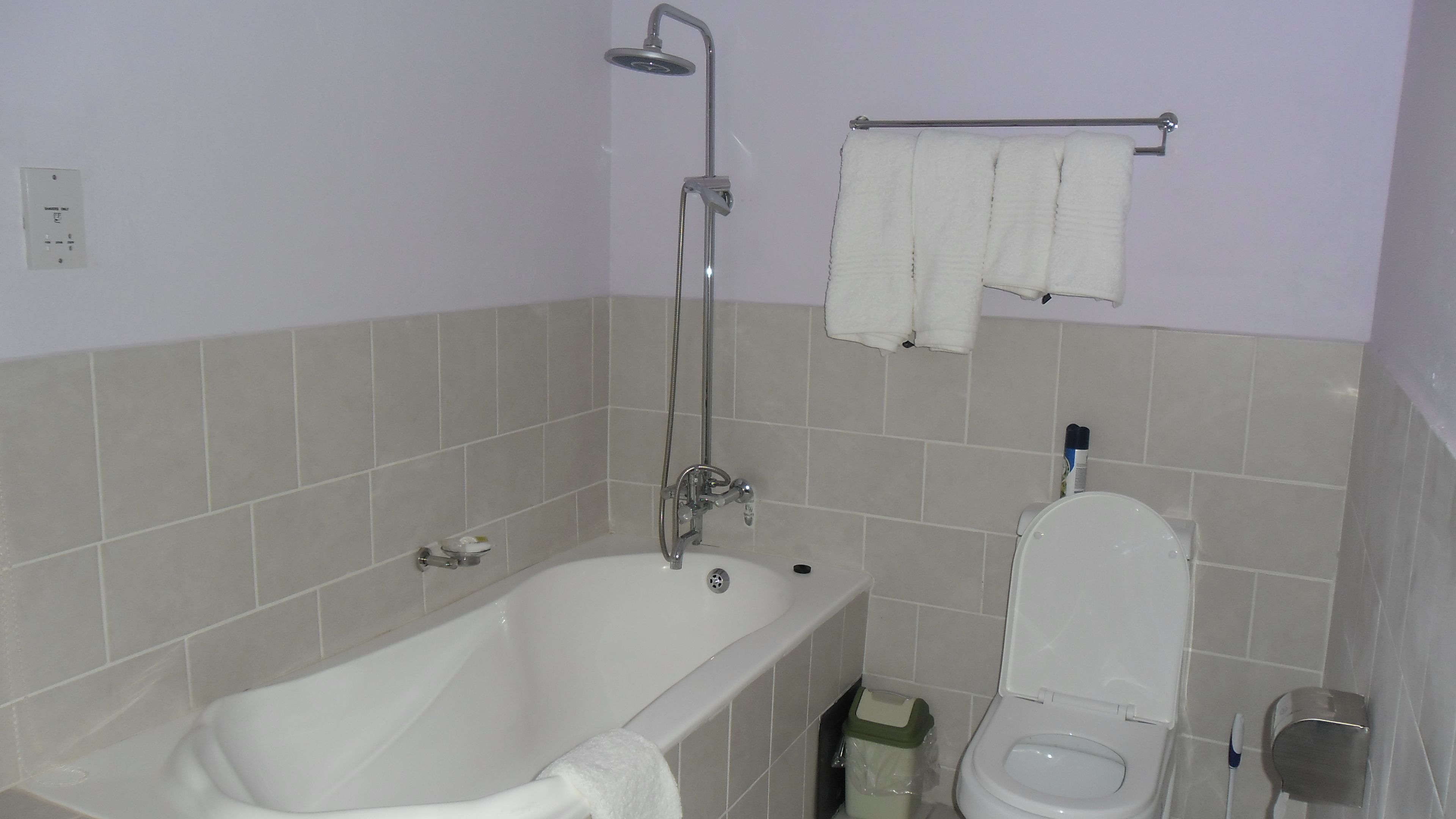 A bathroom with a bathtub, a toilet, and a shower.