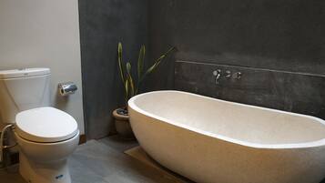 Separate bathtub and shower, deep-soaking bathtub, rainfall showerhead