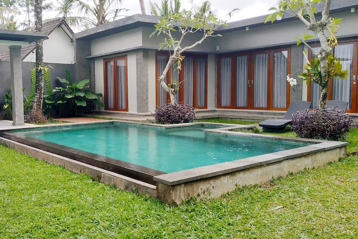 A modern pool area with a rectangular pool, a covered seating area with a bench, and a small garden with plants and a tree.