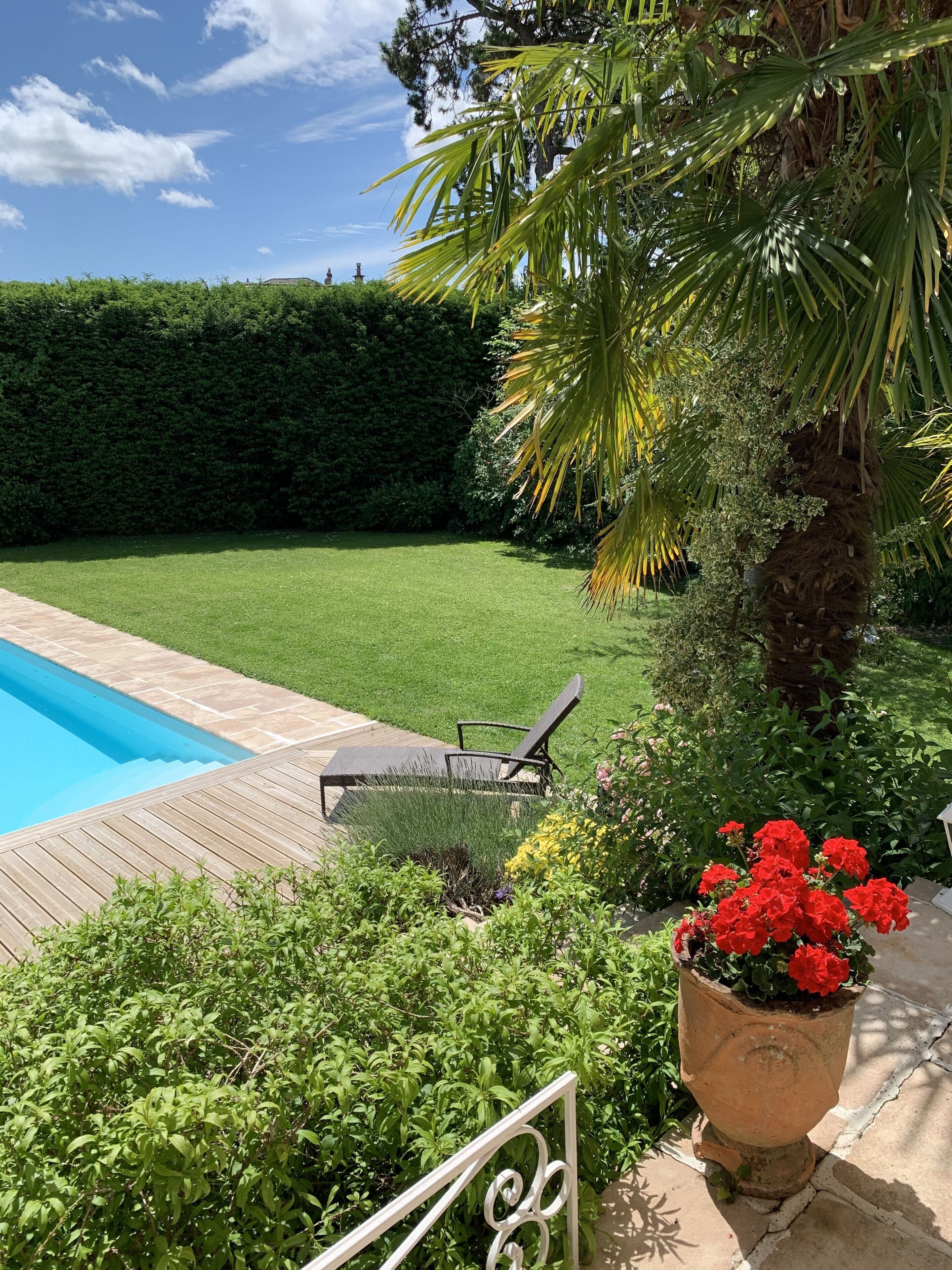 A swimming pool with a wooden deck, a lounge chair, and a well-maintained lawn.