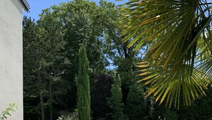 A rectangular swimming pool with a wooden deck surrounding it, a few lounge chairs, and a large planter with red flowers. - Maison d’hôtes Joussaume Latour (Chateau-Thierry)