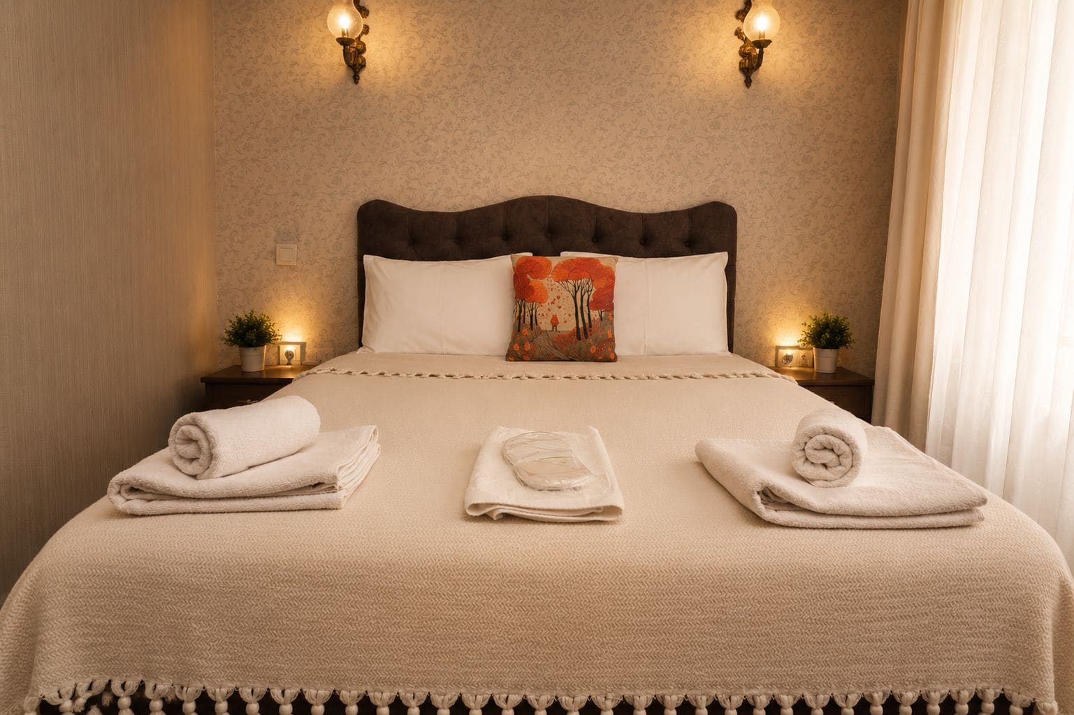 Una cama bien hecha con un cojín decorativo, dos lámparas de noche y una planta pequeña en una mesita.