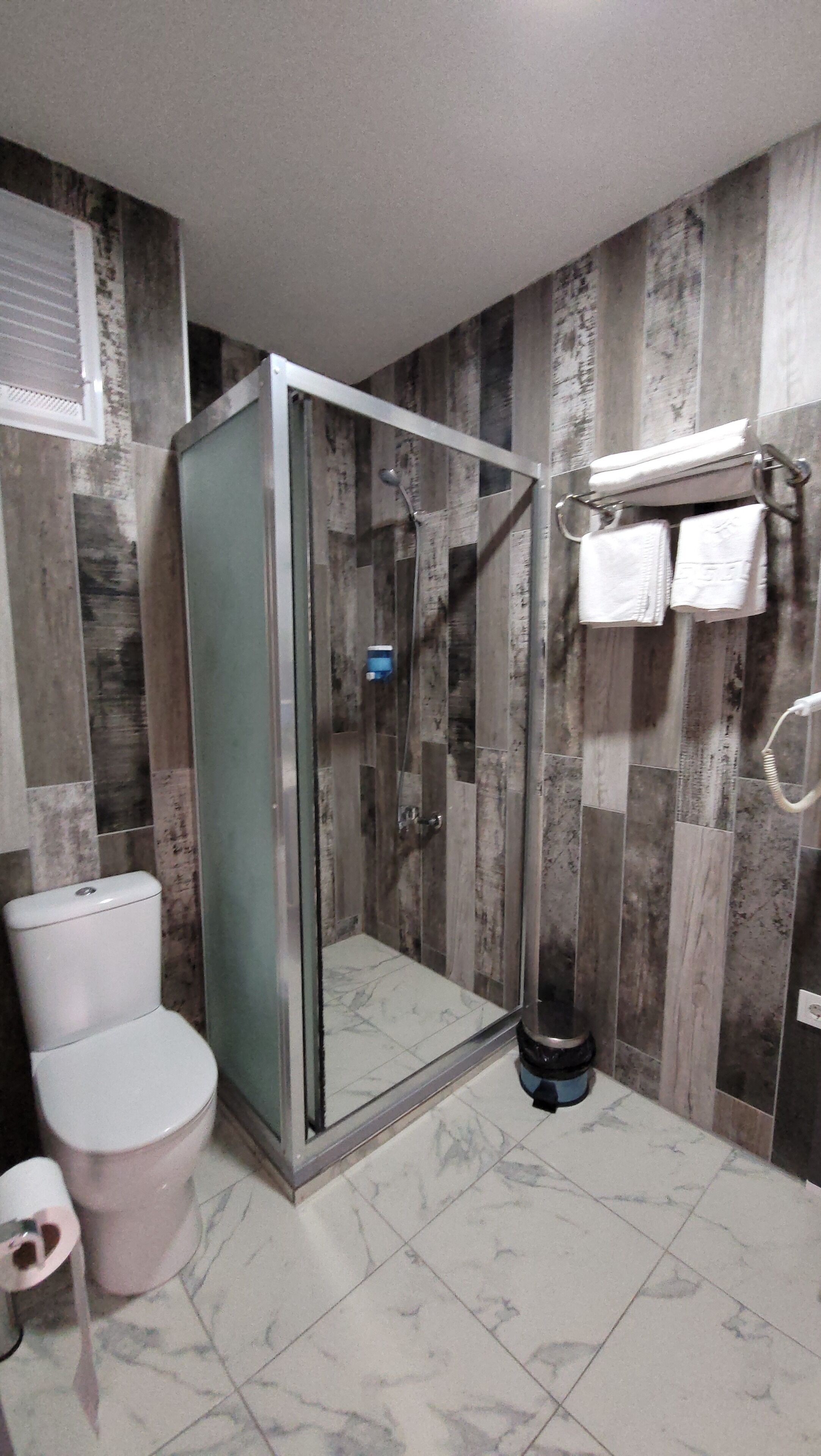 A bathroom with a glass-enclosed shower, a toilet, and a towel rack with towels.
