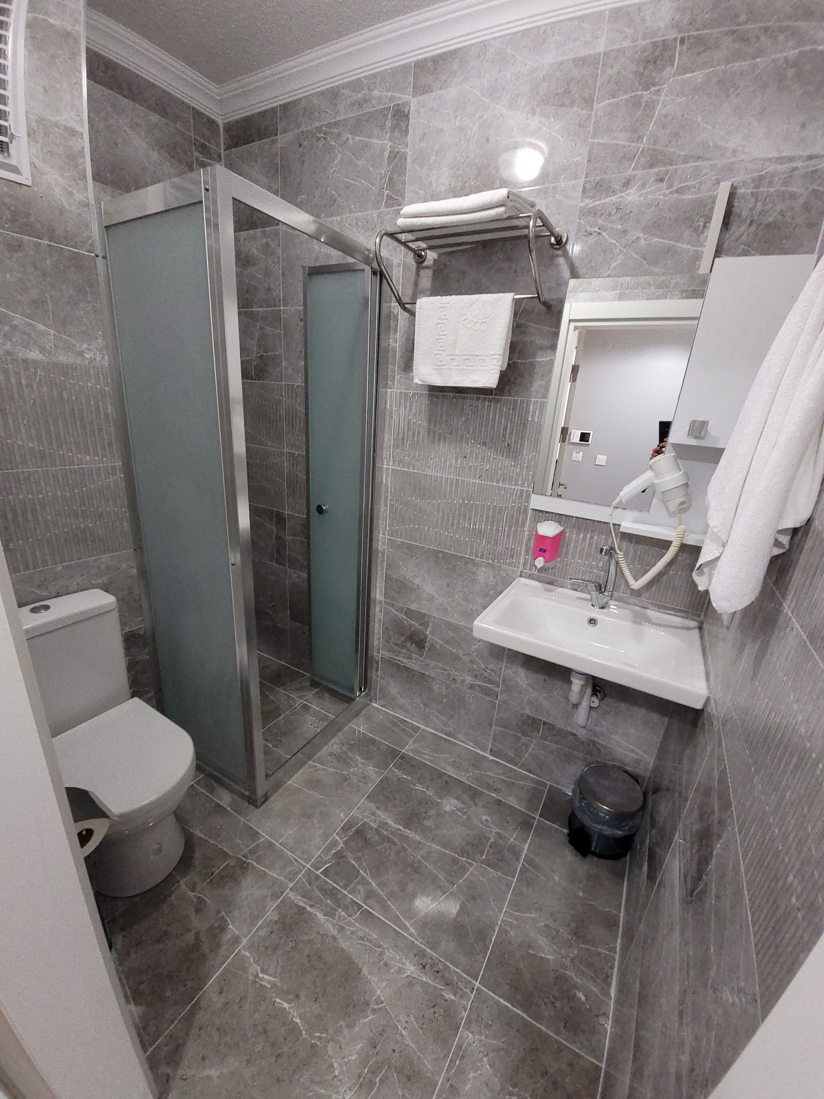 A modern bathroom with a glass-enclosed shower, a white toilet, a sink with a mirror above it, and a towel rack with a towel.