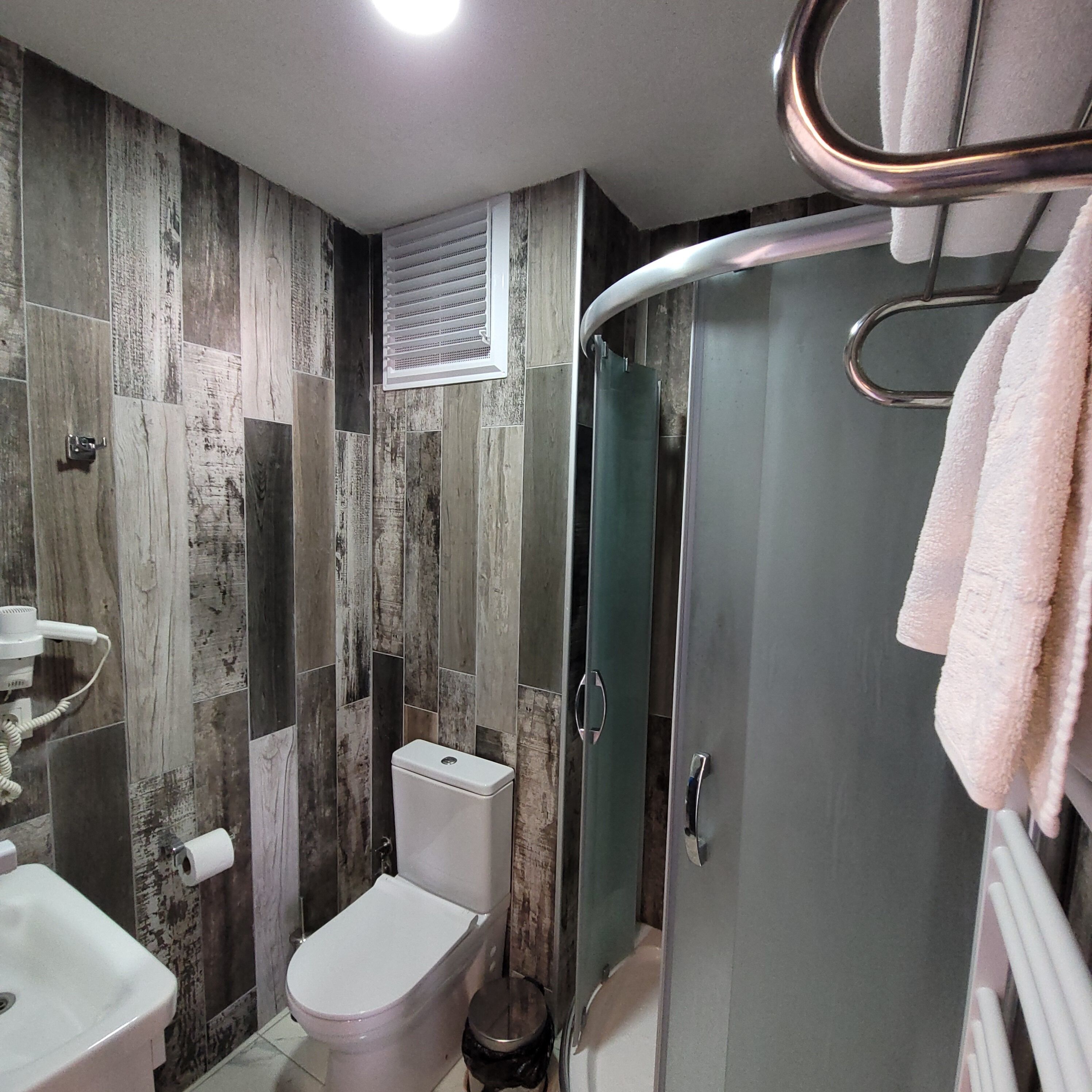 A bathroom with a toilet, sink, and shower.