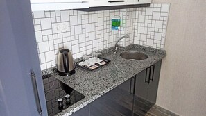 Panorama Deluxe Suite | Cocina privada | Frigorífico grande, placa de cocina y hervidor eléctrico