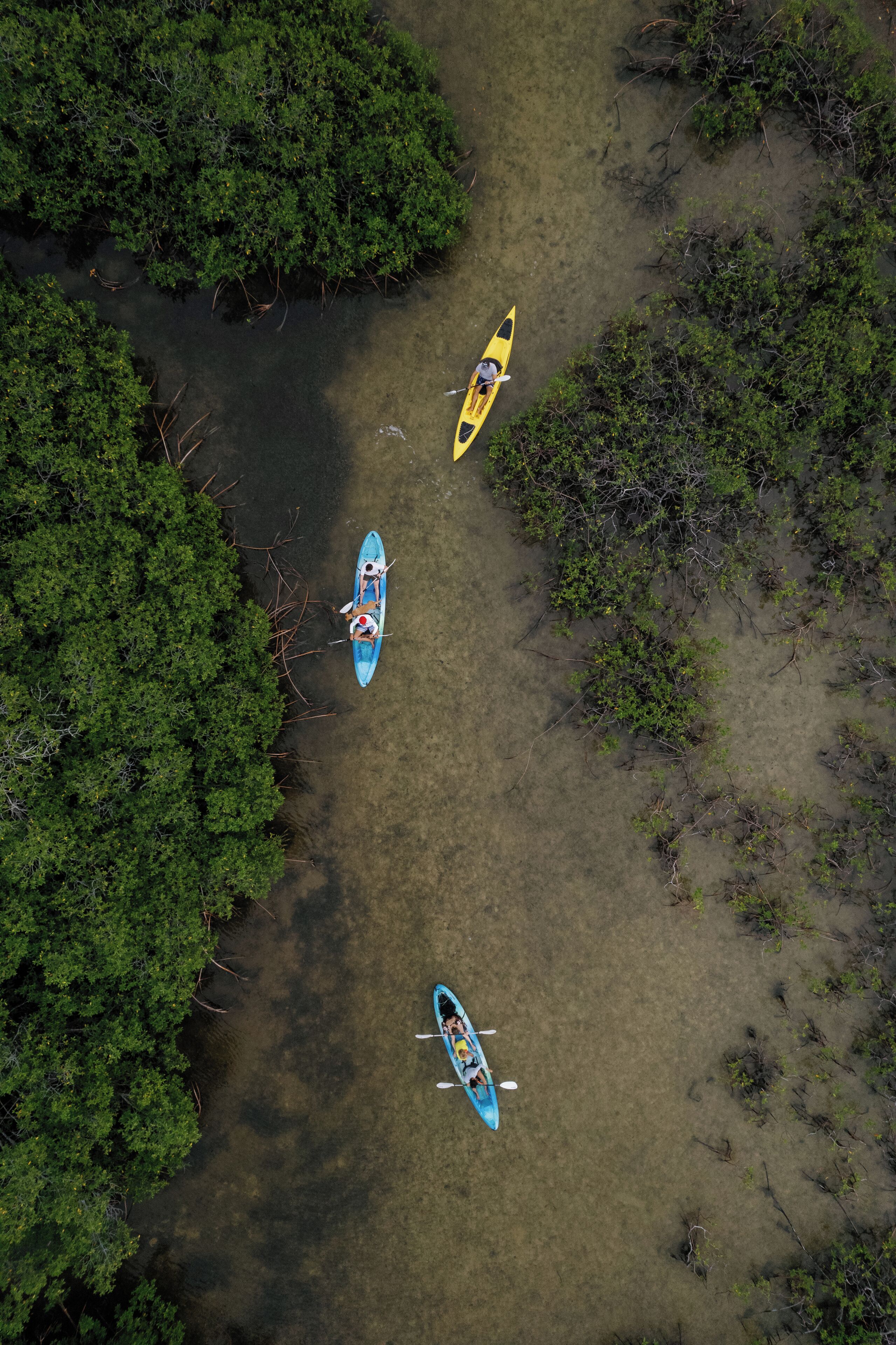 An aerial view of a river with three kayaks.