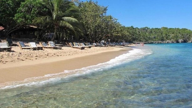 Ein Strand mit klarem türkisblauem Wasser, Sandstrand und Palmen.
